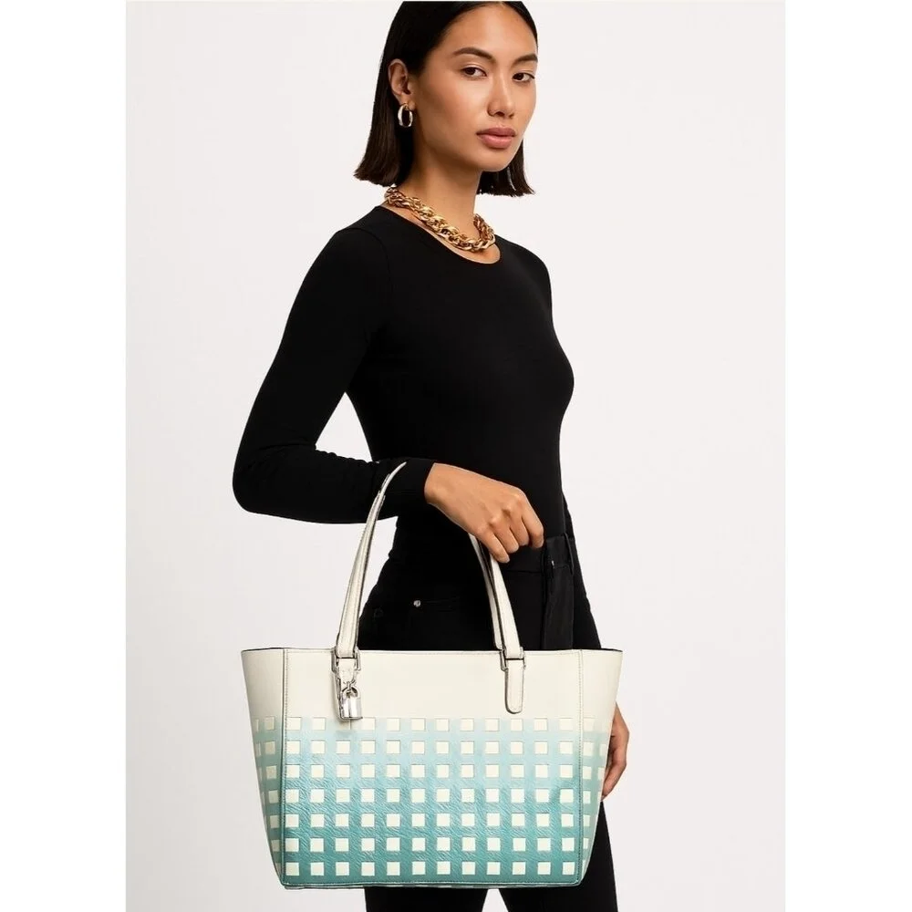Coach Madison Gingham Leather tote blue purse bag